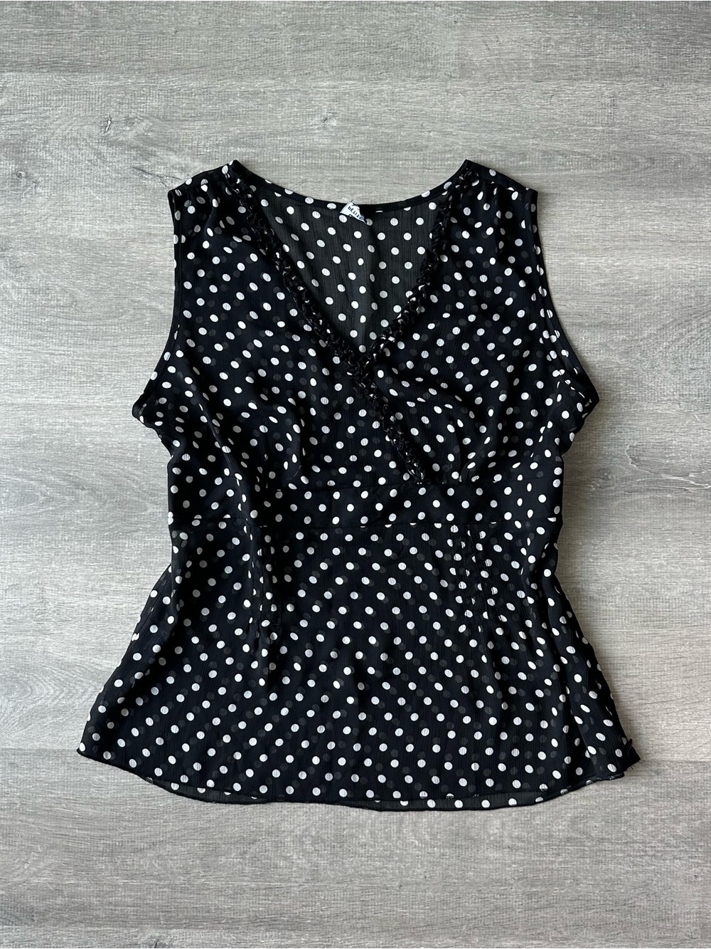 R Petite Sleeveless Black Polka Dot V-Neck Top Sheer